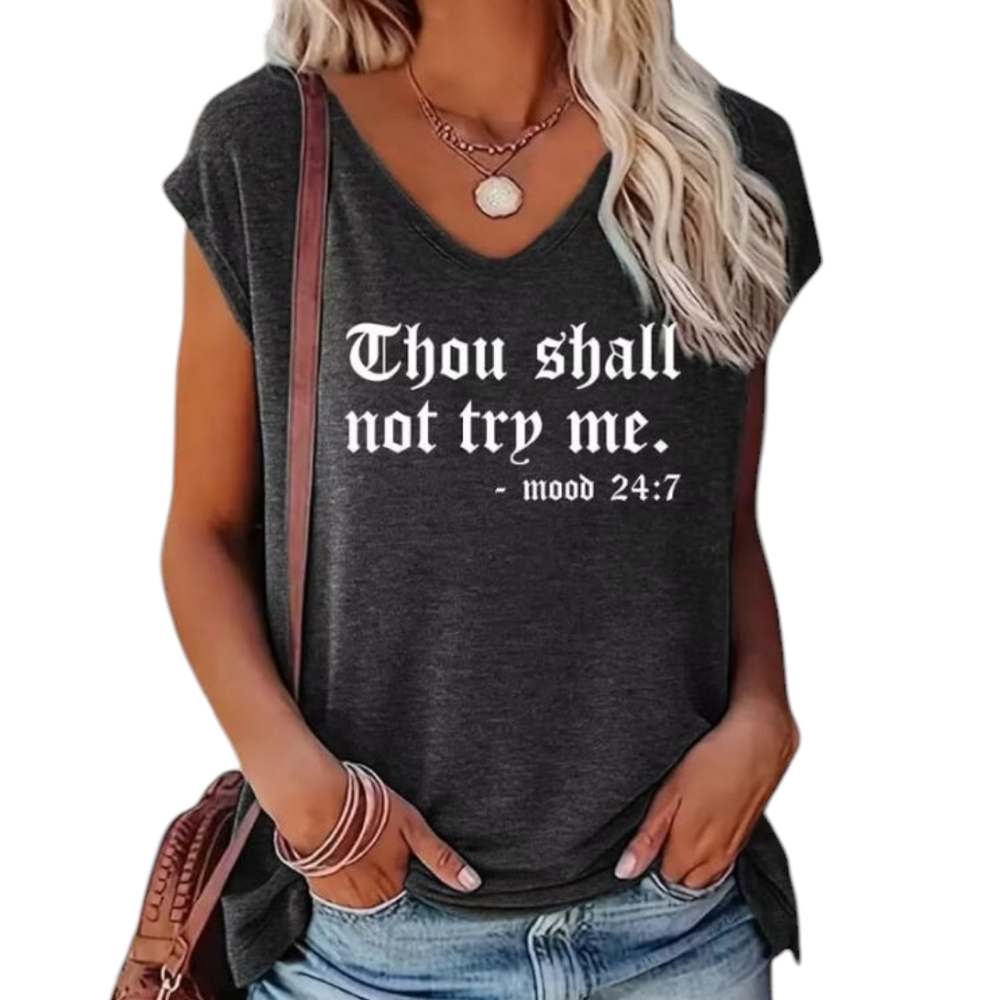 🆕 Women's Heather Gray Cap Sleeve Top W/Thou Shall Not Try Me Screen Print